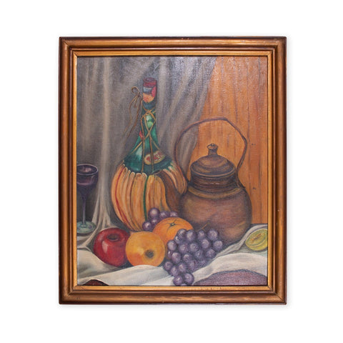 Vintage Still Life Wine and Fruit Oil Painting; Framed