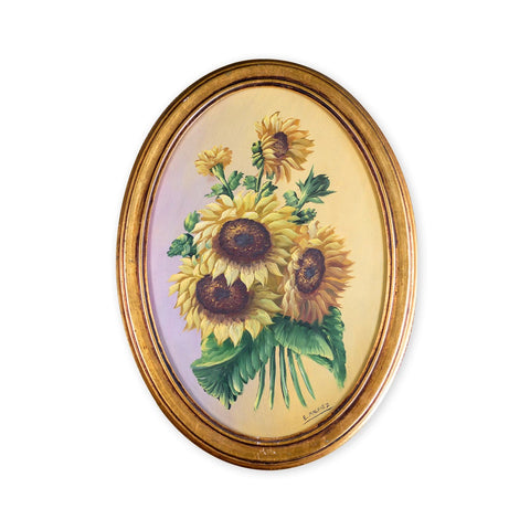 Vintage Sunflower Oil Painting in Oval Frame by E. Malvaez; Framed and Signed