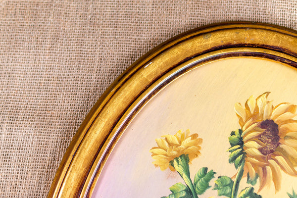 Vintage Sunflower Oil Painting in Oval Frame by E. Malvaez; Framed and Signed