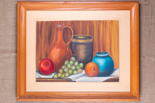 Vintage Still Life Fruit and Bottle on Table by Elizabeth; Framed and Signed.